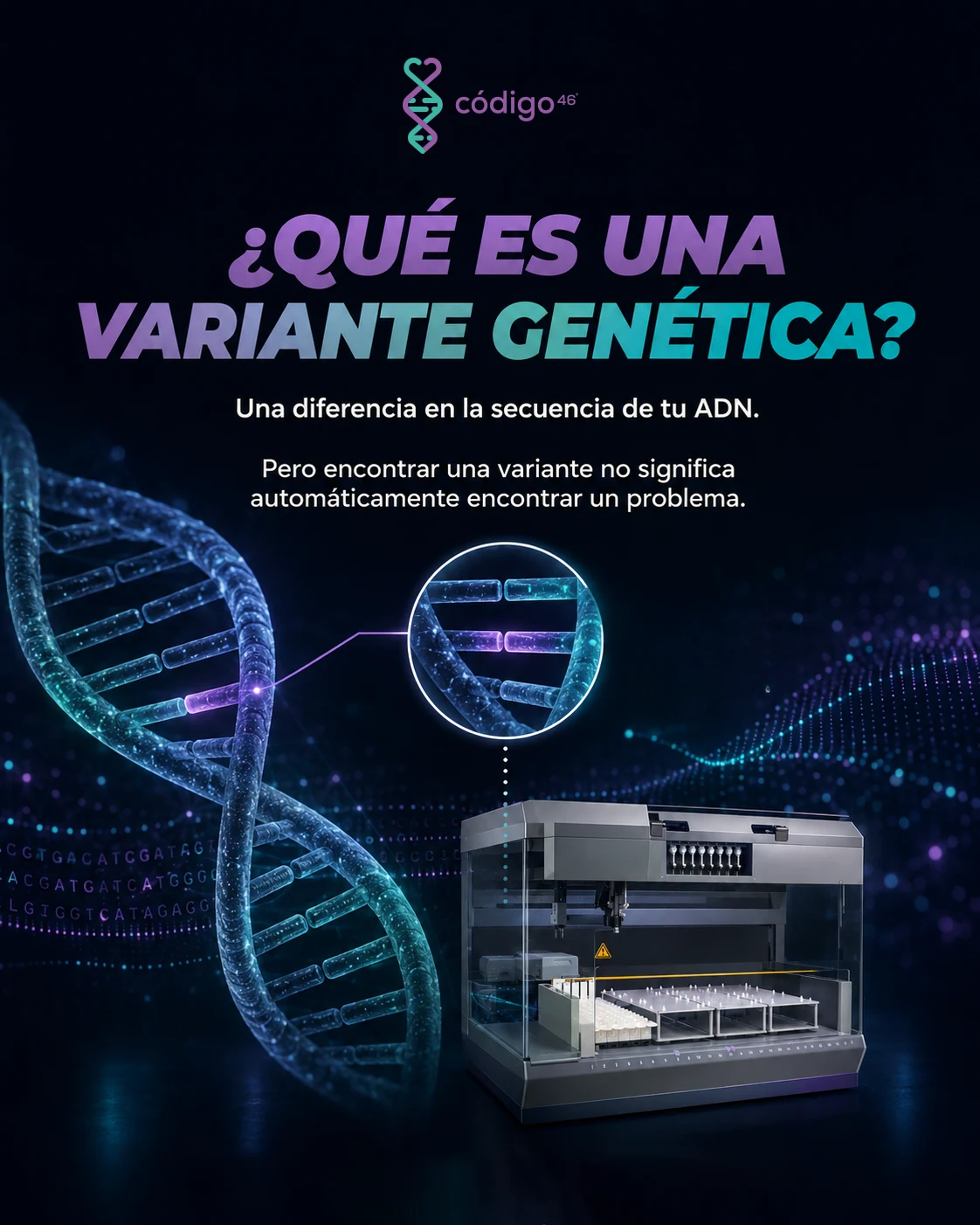 Infografía de Código 46 sobre variantes genéticas, con doble hélice de ADN y equipo de laboratorio sobre fondo oscuro.