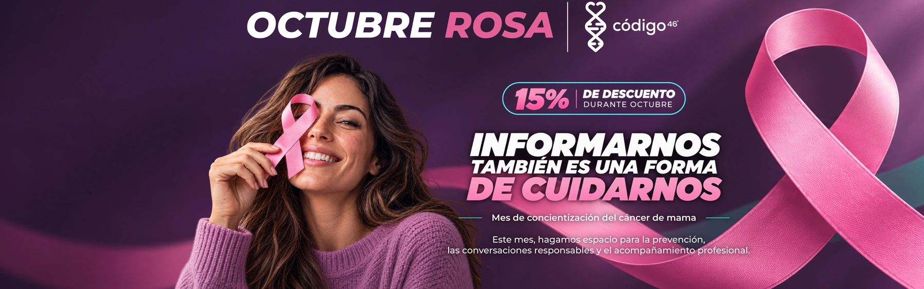 Banner de Octubre Rosa de Código 46 con fotografía y listón rosa.
