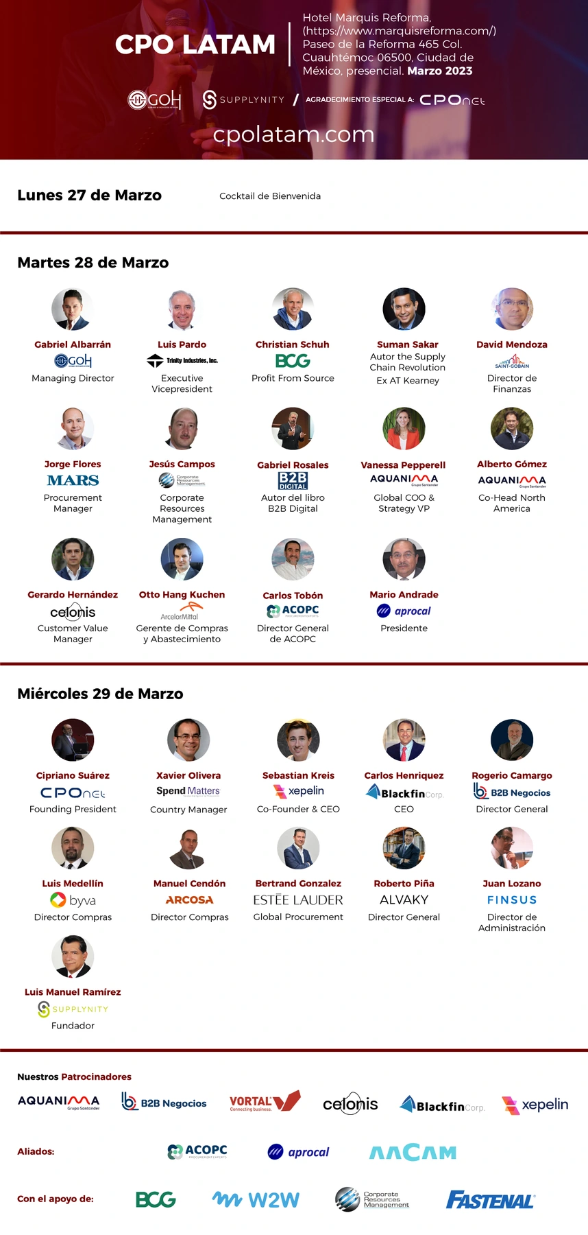 Programa de CPO LATAM con agenda de tres días, retratos de ponentes y logotipos de patrocinadores sobre fondo blanco.