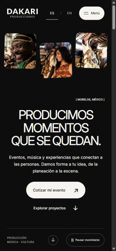 Portada móvil del sitio de Dakari Producciones con fotografías de artistas, fondo negro y acceso a cotización de eventos.