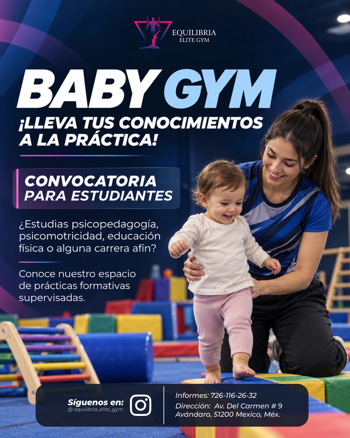 Convocatoria Baby Gym de Equilibria con una entrenadora y un bebé.
