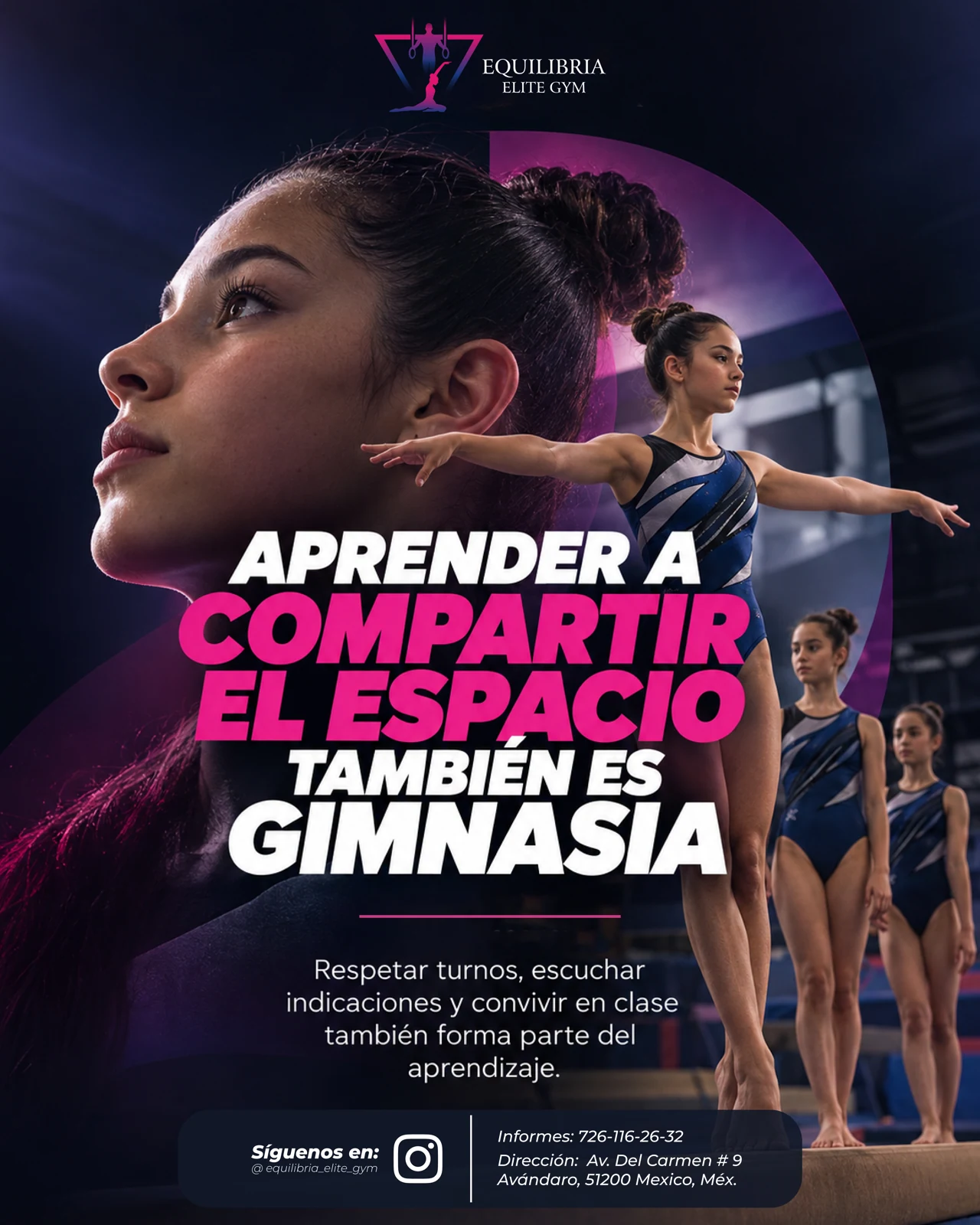 Cartel de Equilibria sobre compartir el espacio de entrenamiento, con gimnastas y tipografía blanca y magenta.