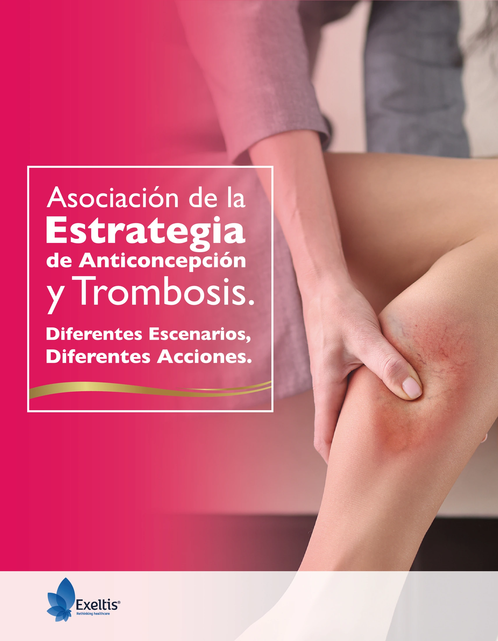Portada editorial de Exeltis sobre anticoncepción y trombosis, con tipografía blanca sobre magenta y una fotografía de una pierna.