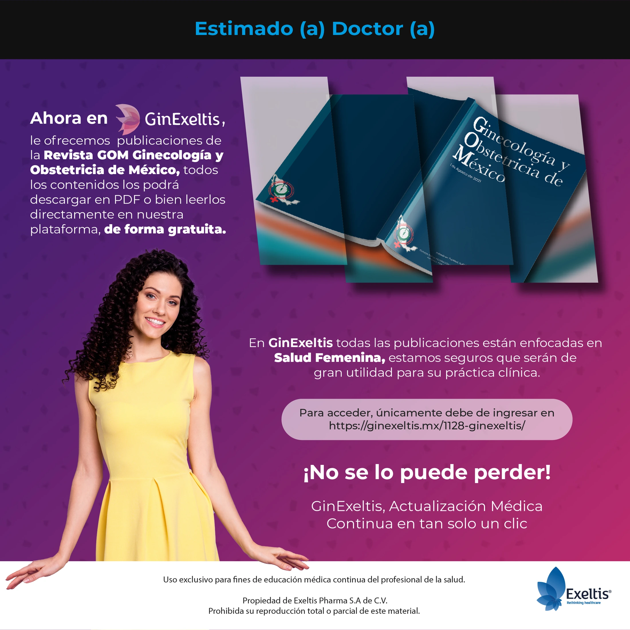 Comunicación de GinExeltis para acceder a la revista GOM, con portadas de la publicación y una figura sobre fondo morado.