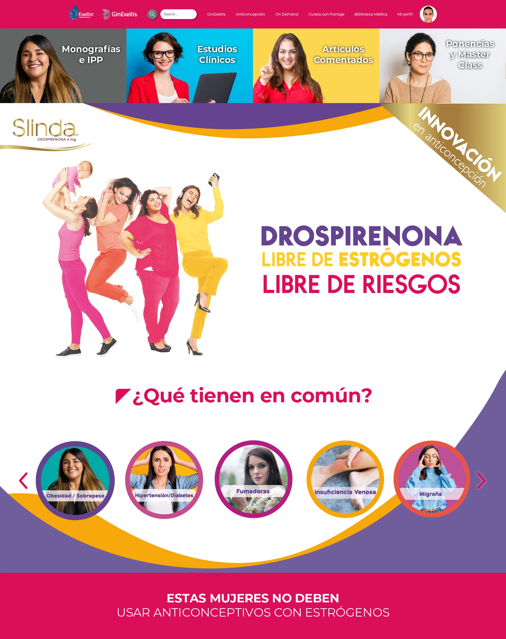 Pieza digital de Slinda del archivo Exeltis, con figuras femeninas, bloques informativos y una composición en magenta, amarillo y morado.