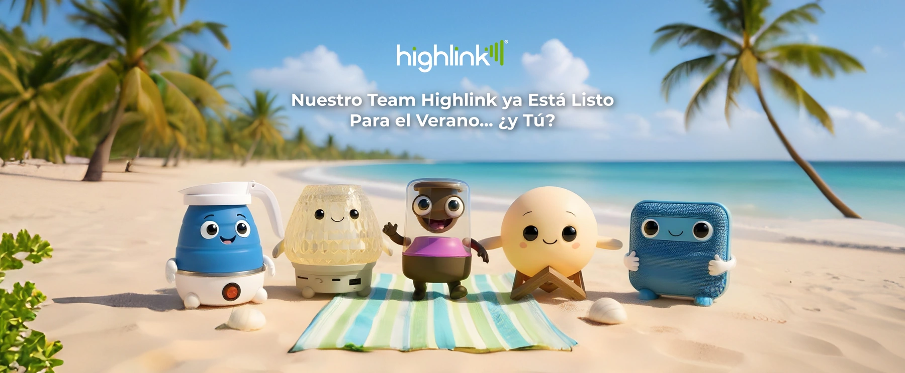 Banner de verano de Highlink con productos de la marca en una escena de playa.