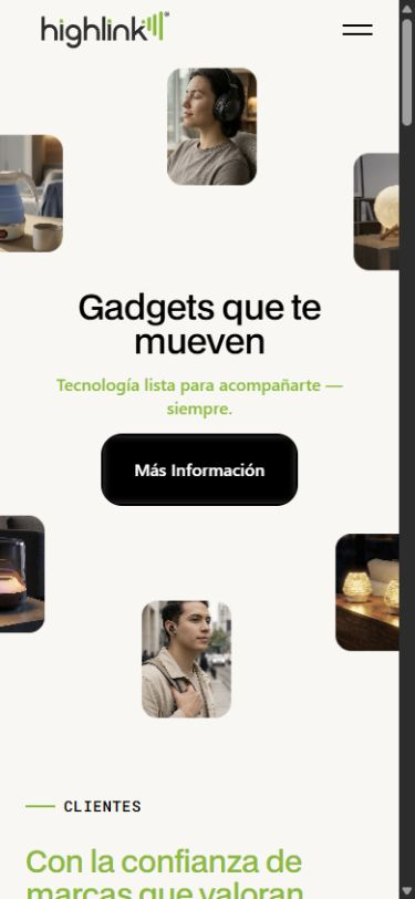 Vista móvil de Highlink: navegación y jerarquía de contenido.