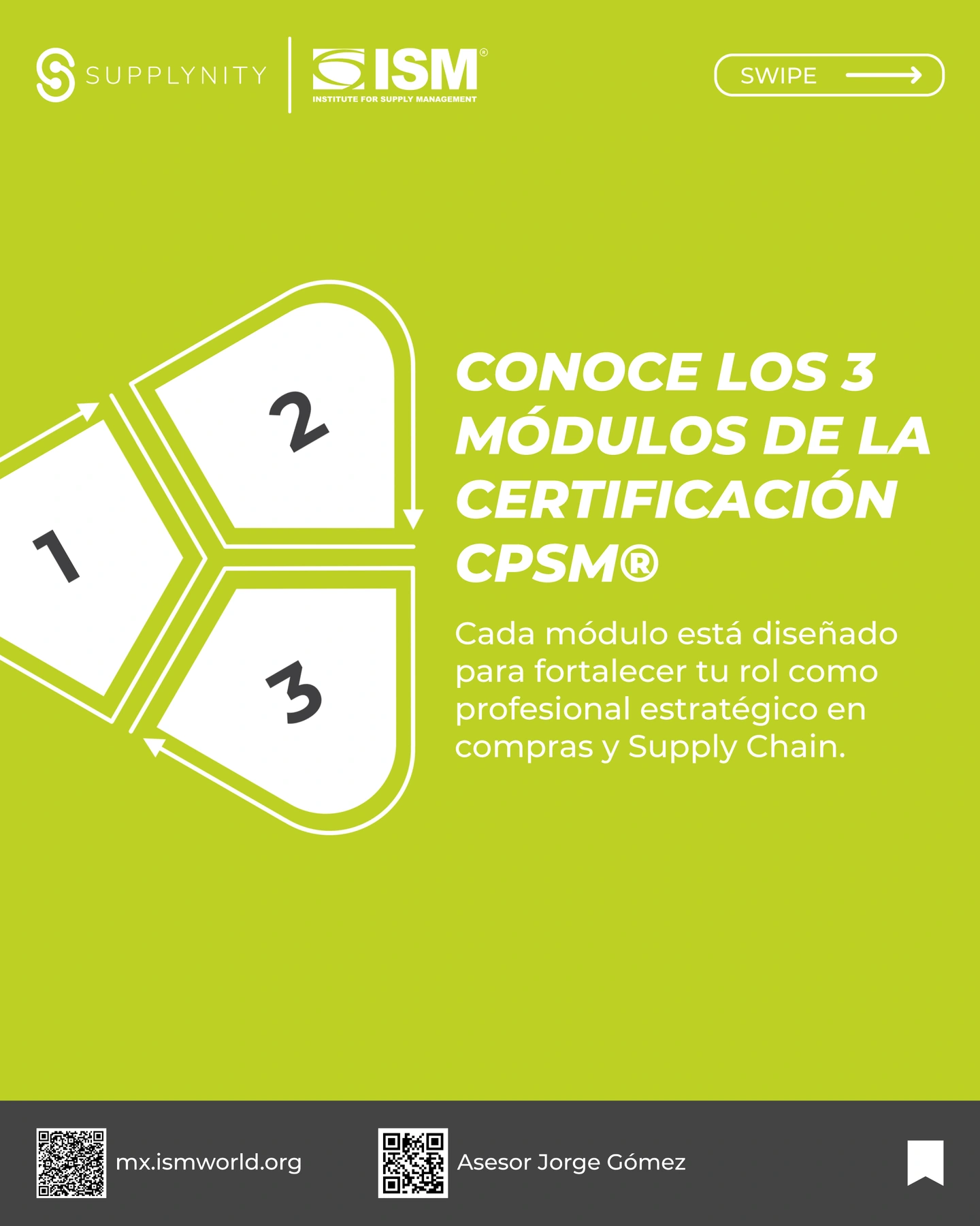 Publicación Supplynity e ISM sobre tres módulos de la certificación CPSM, con tres figuras numeradas sobre verde lima.